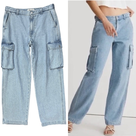 Madewell Denim - Madewell Light Wash Zipper Fly Low Slung Cargo Jeans Adjustable Waist Size 28